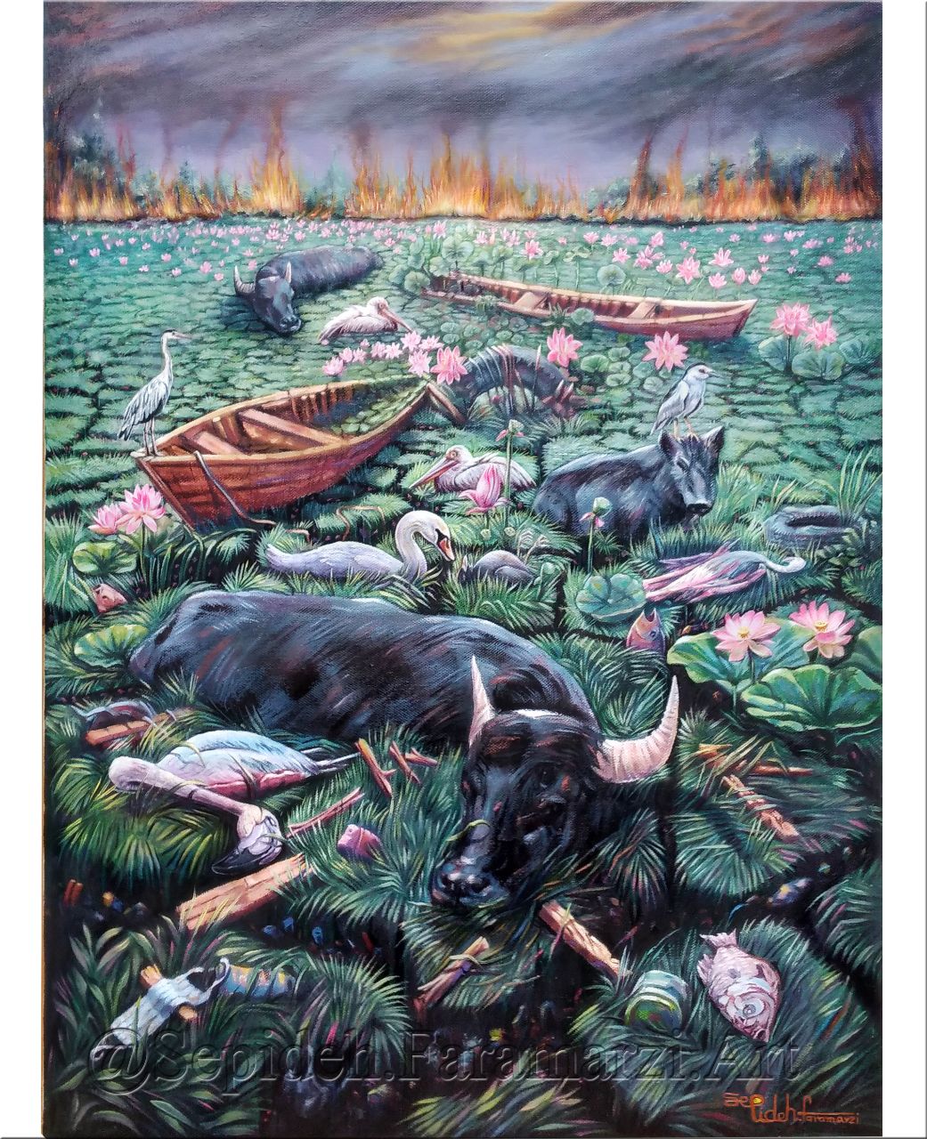 کویر سبز نقاشی   رنگ روغن در باب خشک شدن تدریجی تالاب بندرانزلی اثر”سپیده فرامرزی “